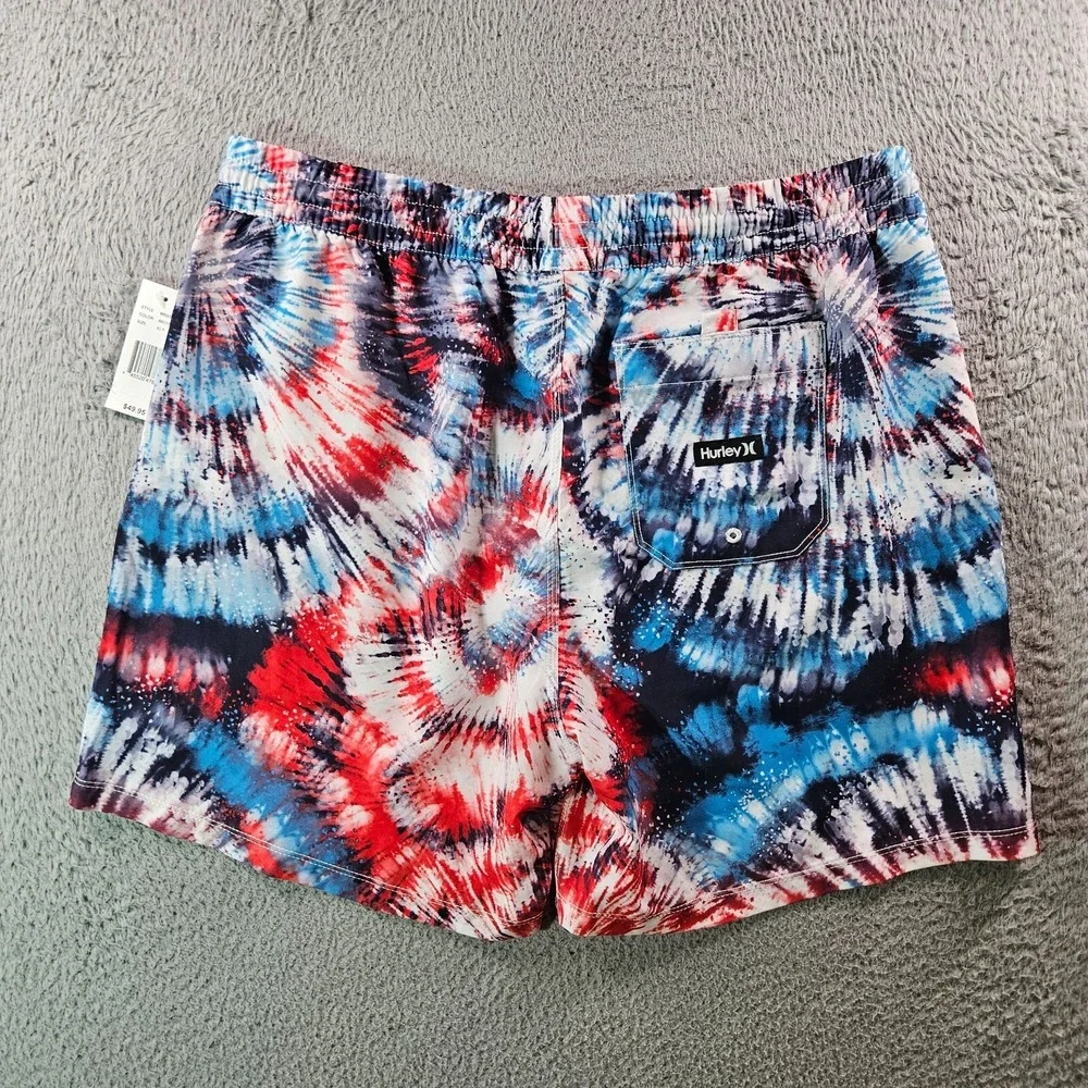 NWT Hurley Board Shorts Swim Trunks Men XL No Liner Tie Dye Print White Blue Red